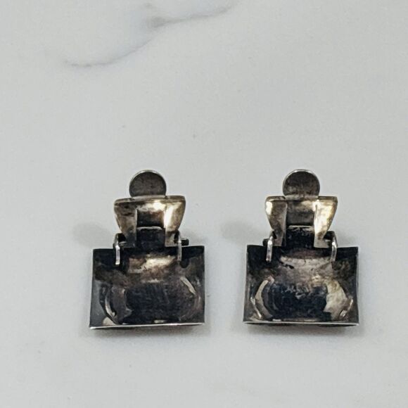 Vintage Siam Silver Earrings Black Enamel Clip On Square Dancer - Picture 11 of 12
